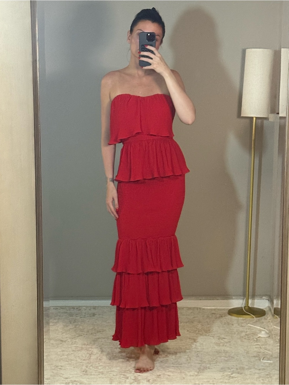 JLUXLABEL Strapless Red Tiered Ruffle Maxi